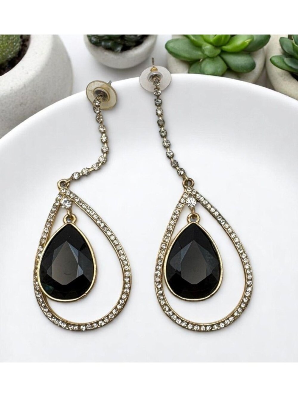 Rhinestone Teardrop Dangle Earrings Gold Tone with Black Drop Elegant